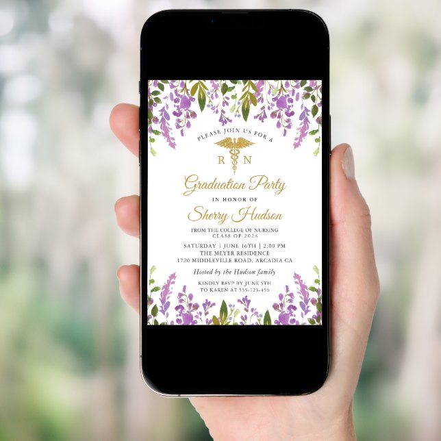Lavender Purple Floral Gold RN Nursing Graduation Invitation (Front Digital)