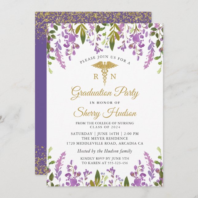 Lavender Purple Floral Gold RN Nursing Graduation Invitation (Front/Back)