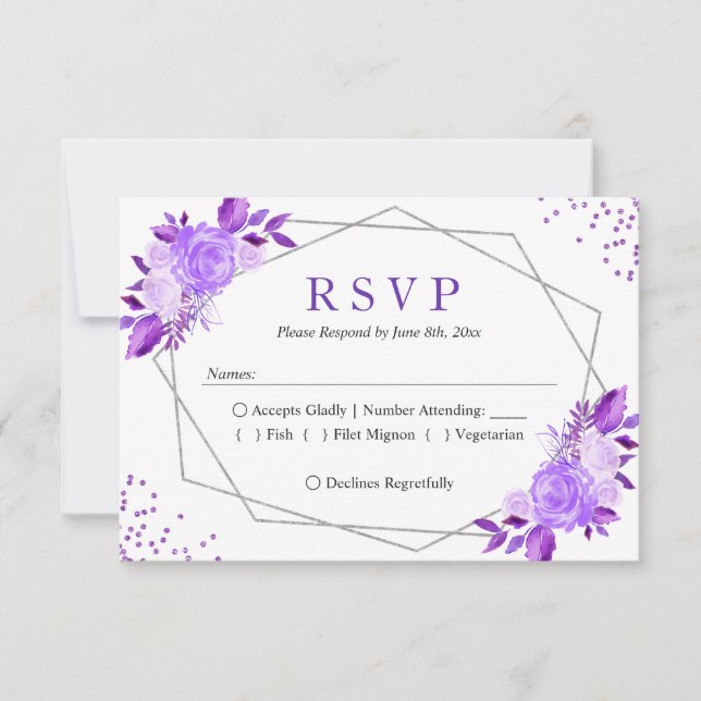 Lavender Purple Floral Gray Frame Wedding RSVP Card (Front)