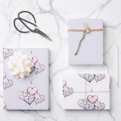 Lavender Purple Floral Heart Balloons Valentine Wrapping Paper Sheets