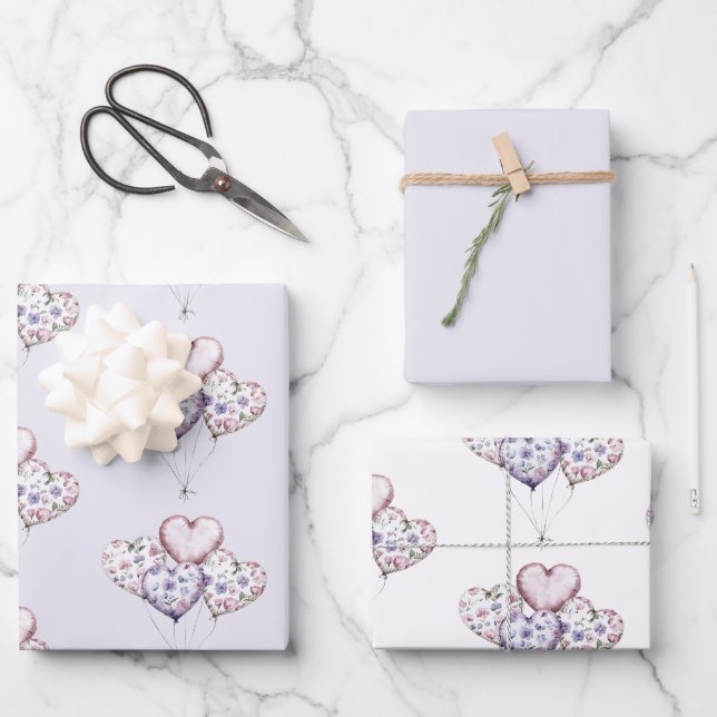 Lavender Purple Floral Heart Balloons Valentine Wrapping Paper Sheets (Front)