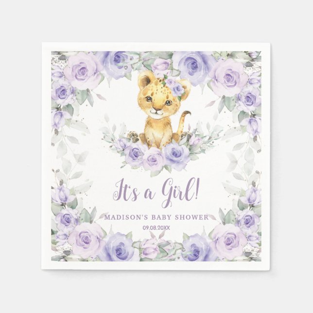 Lavender Purple Floral Lion Cub Baby Shower  Napkins (Front)
