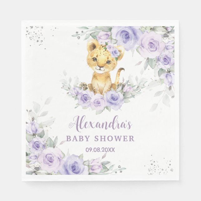 Lavender Purple Floral Lion Cub Baby Shower  Napkins (Front)