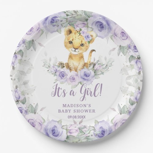 Lavender Purple Floral Lion Cub Baby Shower  Paper Plates