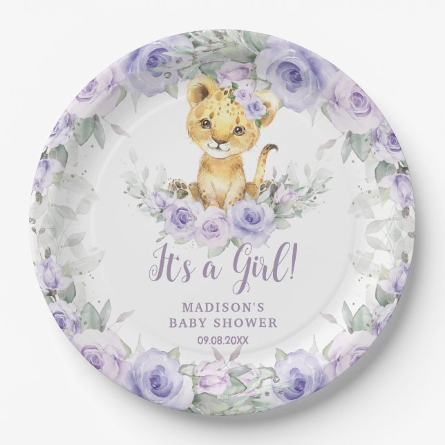Lavender Purple Floral Lion Cub Baby Shower  Paper Plates (Front)