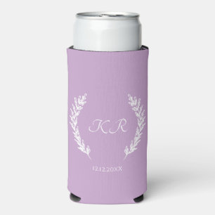 Lavender Purple Floral Minimal Monogram Wedding Seltzer Can Cooler