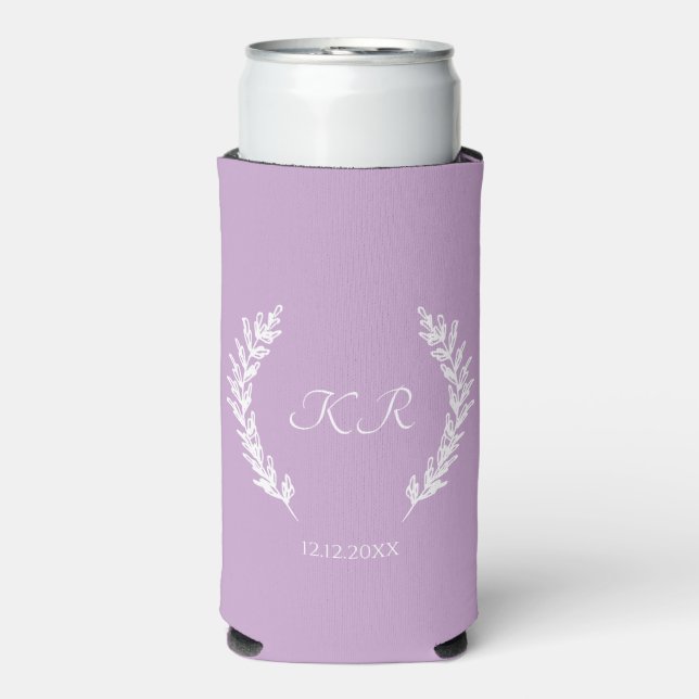 Lavender Purple Floral Minimal Monogram Wedding  Seltzer Can Cooler (Seltzer Front)