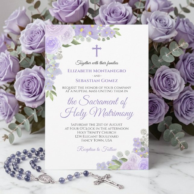 Lavender Purple Floral Modern Catholic Wedding Invitation (Creator Uploaded)
