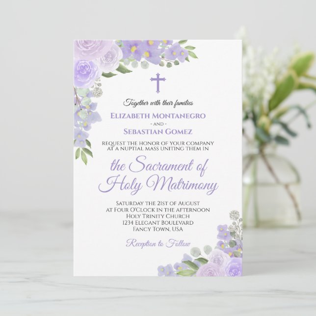 Lavender Purple Floral Modern Catholic Wedding Invitation (Standing Front)