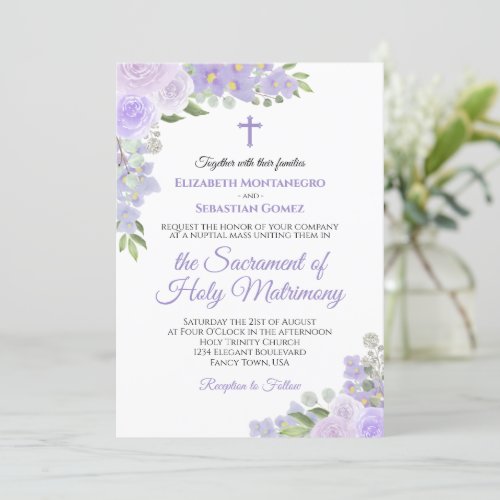 Lavender Purple Floral Modern Catholic Wedding Invitation