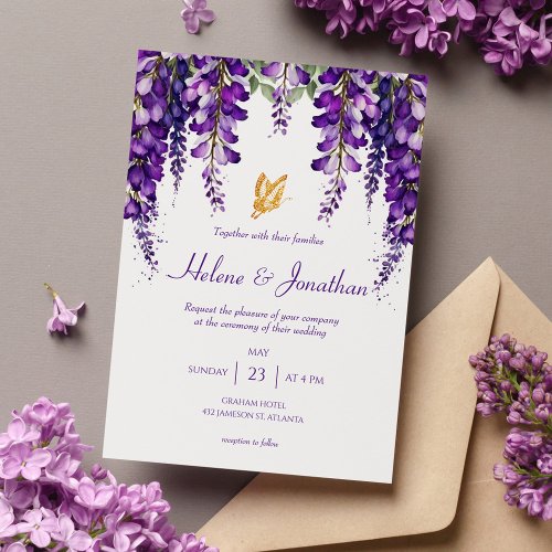 Lavender Purple Floral Modern Elegant Wedding Invitation