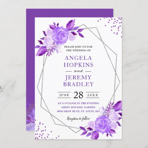 Lavender Purple Floral Modern Silver Frame Wedding Invitation