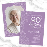 Lavender Purple Floral Photo 90th Birthday Party Invitation<br><div class="desc">Lavender purple floral 90th birthday party invitation with your photo at the back of the card. Minimalist modern design featuring botanical outline drawings accents, faux gold foil and typography script font. Simple trendy invite card perfect for a stylish female bday celebration. Can be customized to any age. Printed Zazzle invitations...</div>
