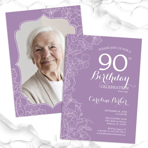 Lavender Purple Floral Photo 90th Birthday Party Invitation