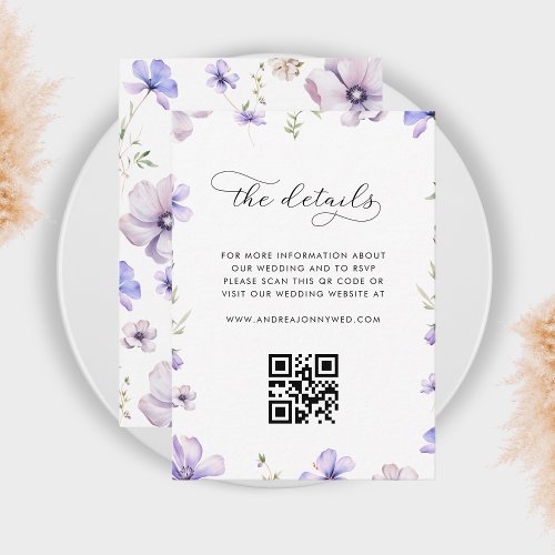 Lavender Purple Floral QR Code Wedding Details Enclosure Card