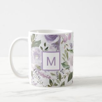 Lavender Purple Floral Roses Watercolor Monogram Coffee Mug