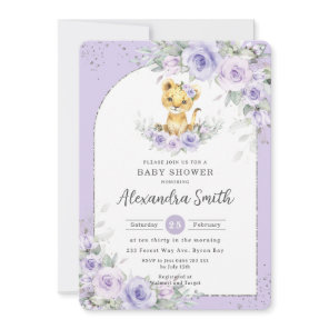 Lavender Purple Floral Sweet Lion Cub Baby Shower Invitation