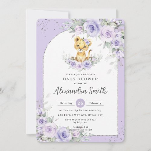 Lavender Purple Floral Sweet Lion Cub Baby Shower Invitation