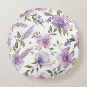 Lavender Purple Floral Watercolor Botanical Round Pillow