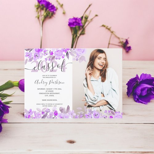 Lavender purple floral watercolor photo graduation invitation