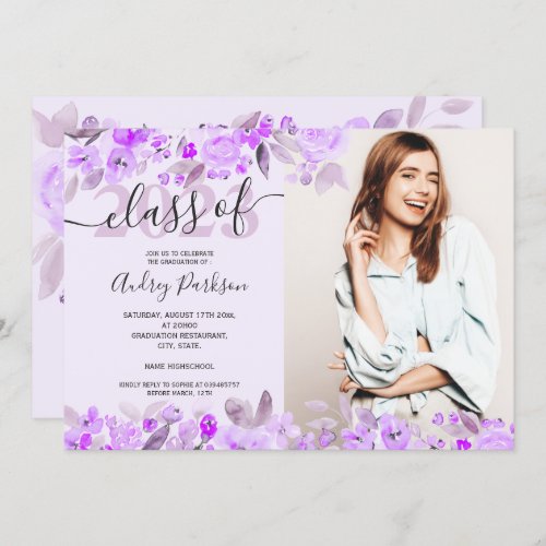 Lavender purple floral watercolor photo graduation invitation