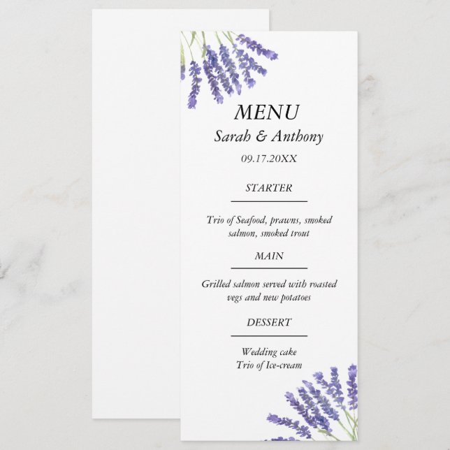 Lavender Purple Floral Watercolor Wedding Food  Menu (Front/Back)