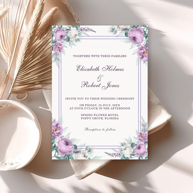 Lavender Purple Floral Wedding Invitation (Lavender Purple Floral Wedding Invitation on a white table with neutral boho decor.)