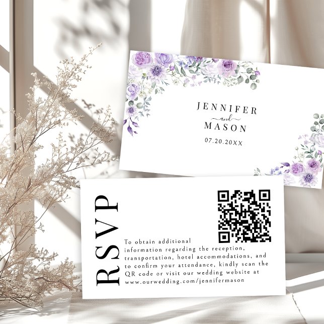 Lavender Purple Floral Wedding RSVP QR code cards (Creator Uploaded)