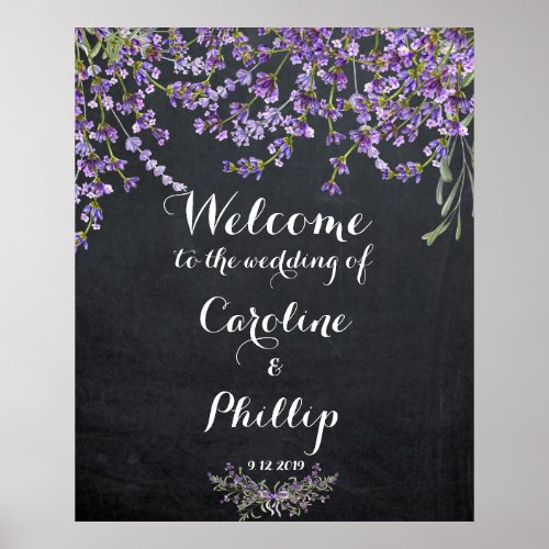 Lavender purple floral wedding welcome sign chalk