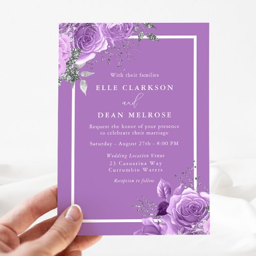 Lavender Purple Floral White Border Wedding  Invitation