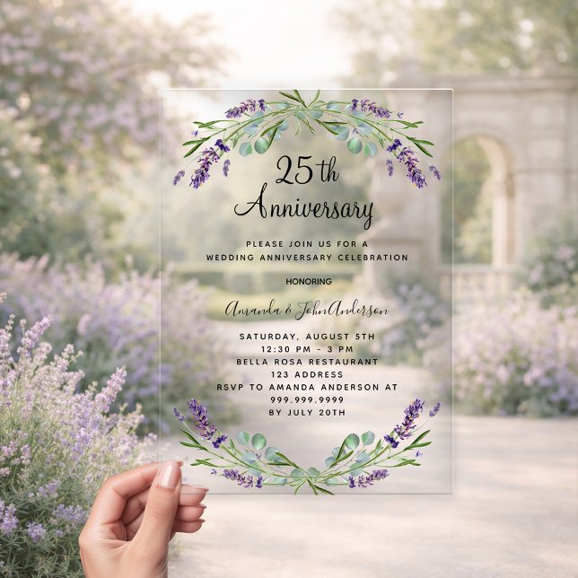 Lavender purple florals 25th wedding anniversary acrylic invitations (Creator Uploaded)