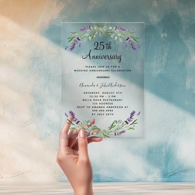 Lavender purple florals 25th wedding anniversary acrylic invitations (Creator Uploaded)