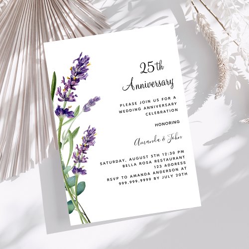 Lavender purple florals 25th wedding anniversary invitation