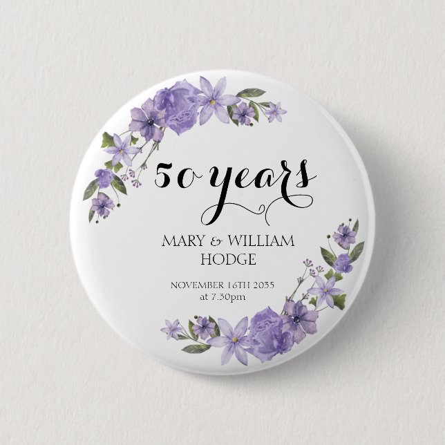 Lavender purple florals 50th wedding anniversary button (Front)