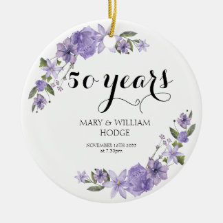 Lavender purple florals 50th wedding anniversary ceramic ornament