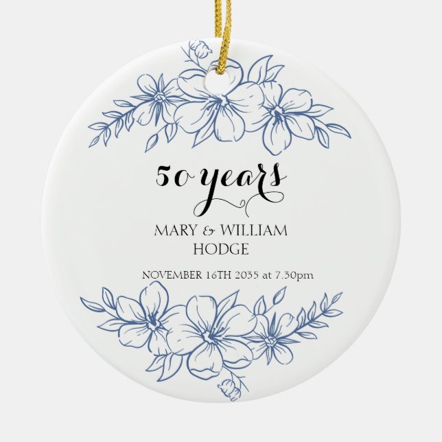 Lavender purple florals 50th wedding anniversary ceramic ornament (Front)