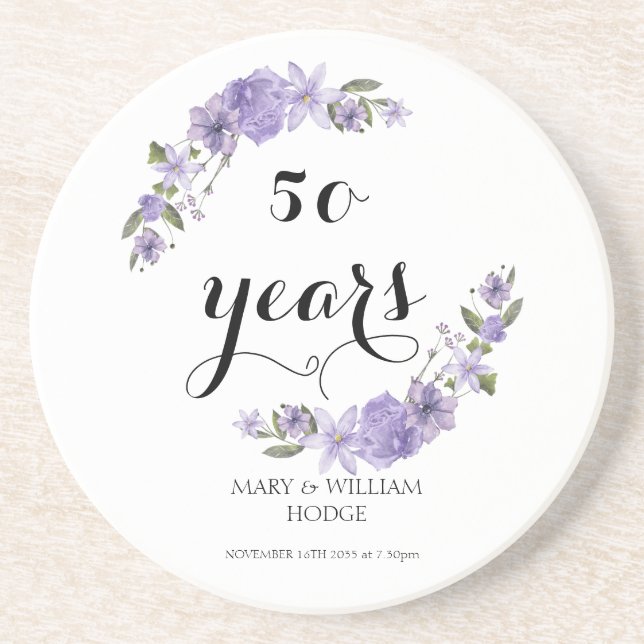  Lavender purple florals 50th wedding anniversary  Coaster (Front)