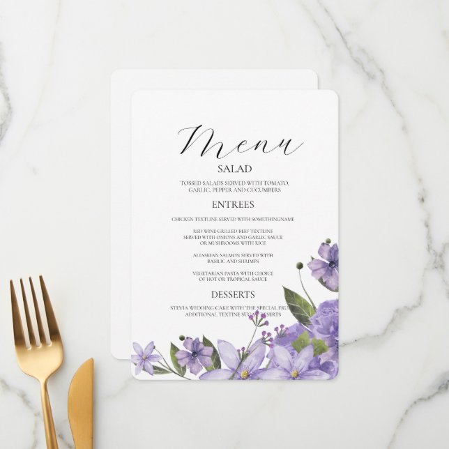 Lavender purple florals 50th wedding anniversary menu (Front/Back In Situ)