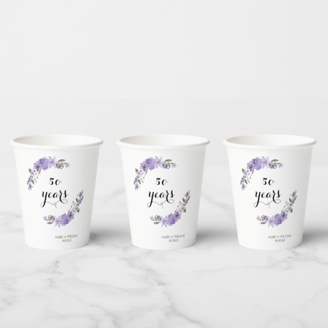 Lavender purple florals 50th wedding anniversary paper cups (Multi)
