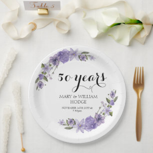 Lavender purple florals 50th wedding anniversary paper plates