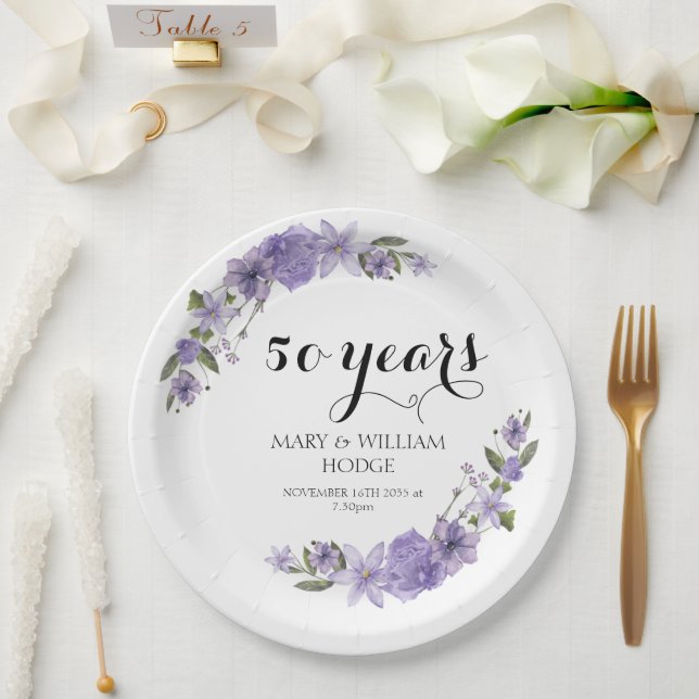 Lavender purple florals 50th wedding anniversary paper plates (Wedding)