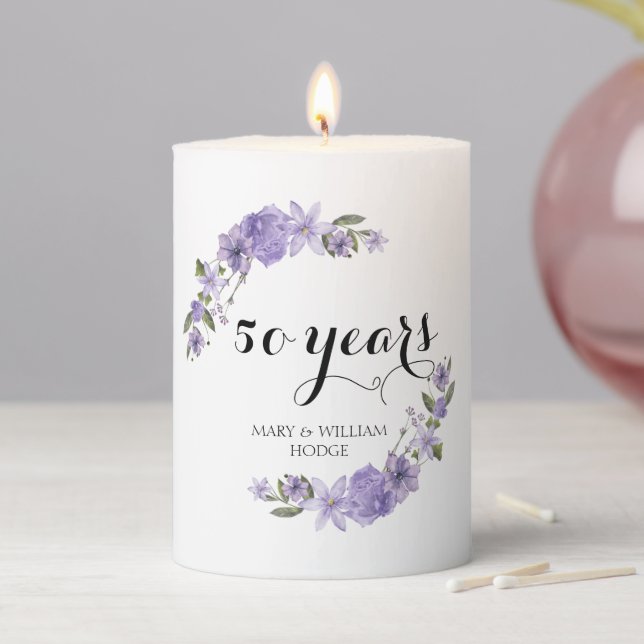 Lavender purple florals 50th wedding anniversary pillar candle (In Situ)