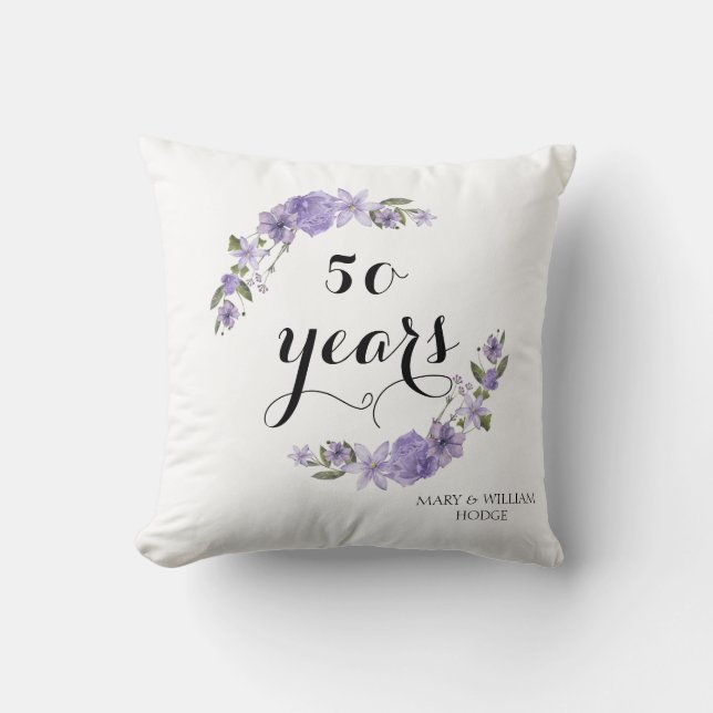 Lavender purple florals 50th wedding anniversary throw pillow (Front)
