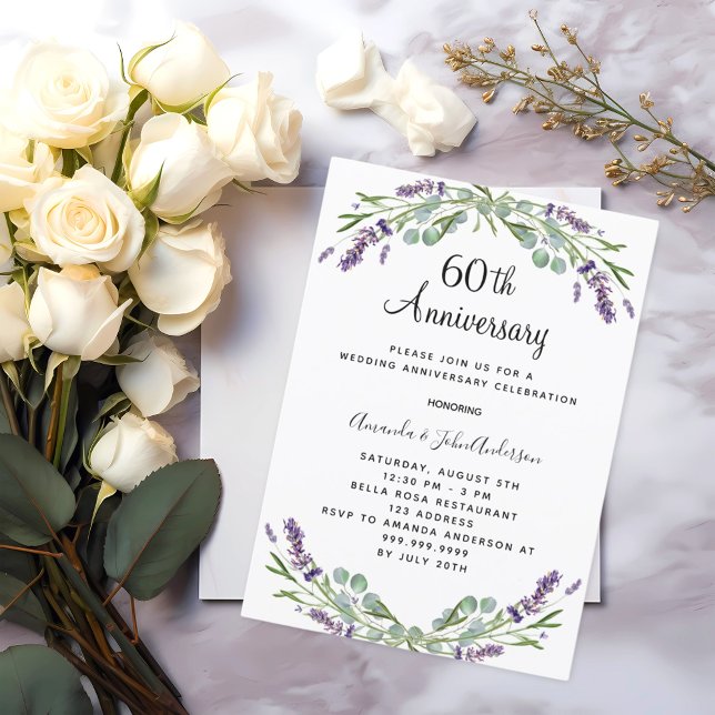 Lavender purple florals 60th wedding anniversary invitation (Creator Uploaded)