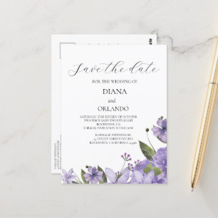 Lavender purple florals save the date postcard
