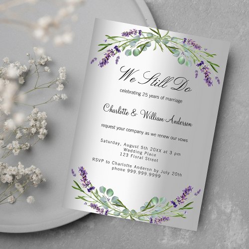 Lavender purple florals silver vow renewal wedding invitation