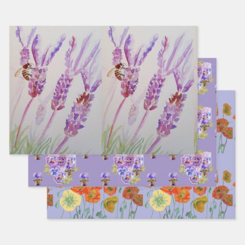 Lavender Purple Flower Floral Poppies Watercolor Wrapping Paper Sheets