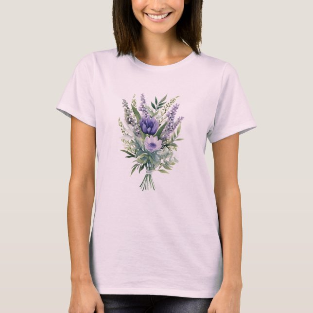 Lavender Purple Flower Greenery Floral Bouquet T-Shirt (Front)