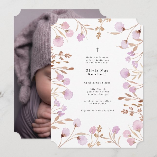 Lavender Purple Flower Photo Christening Baptism Invitation (Front/Back)
