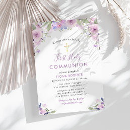 lavender purple flowers first holy communion invitation